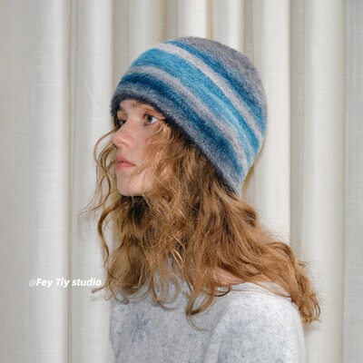 个性小众条纹毛茸茸保暖针织帽