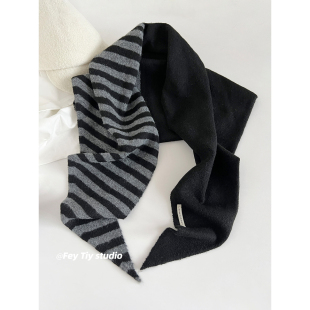 新款 秋冬外搭条纹拼色三角巾披肩百搭韩版 女 沉浸在柔软里 feytiy