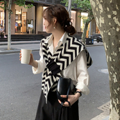 复古韩风 人字纹交叉打结披肩外搭坎肩百搭日系黑白空调房搭肩女