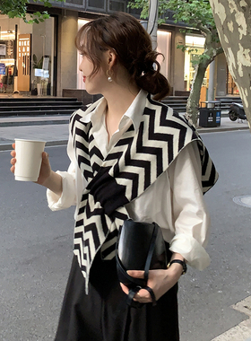 复古韩风 人字纹交叉打结披肩外搭坎肩百搭日系黑白空调房搭肩女