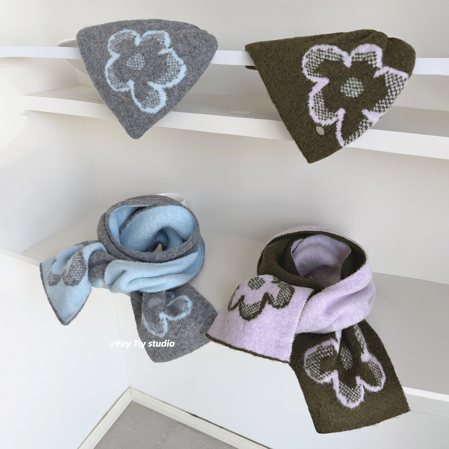 feytiy 加厚版 小花花针织冷帽围巾两件套女秋冬保暖护耳帽子围脖,服饰配件/皮带/帽子/围巾,二件套,淘宝优惠券,粉丝福利购,淘宝优惠卷