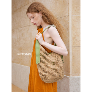 慵懒风休闲单肩包托特包 草编包包2025新款 feytiy 绿色织带设计