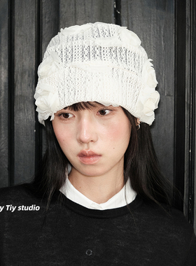 feytiy 小众设计立体玫瑰花包头帽女复古时髦针织冷帽休闲堆堆帽