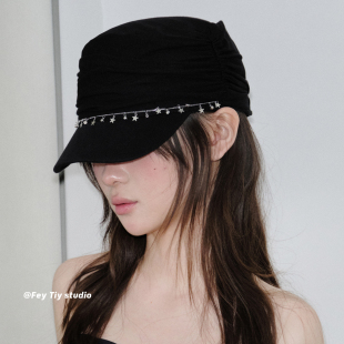 时髦褶皱设计百搭帽子韩版 饰骑士帽女小众个性 链条星星装 feytiy