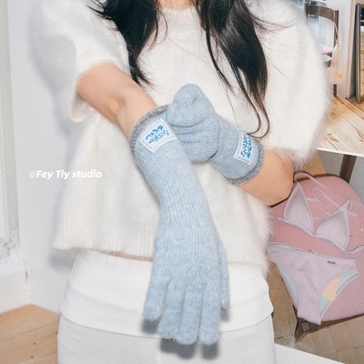 韩国订单含羊毛撞色保暖加长手套