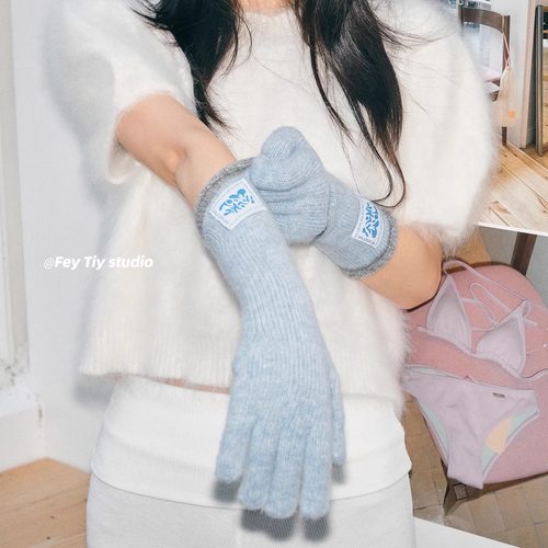 韩国订单含羊毛撞色保暖加长手套