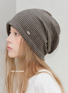 feytiy 冬季磨毛面料 时髦条纹堆堆帽秋冬百搭包头保暖冷帽显脸小