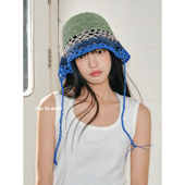 feytiy 时髦蓝绿 撞色镂空手勾渔夫帽系带盆帽女遮阳草帽防晒帽韩