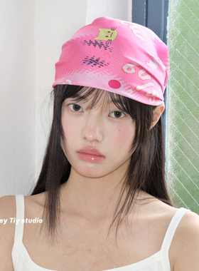 feytiy 莓红色手绘小猫印花头巾丝巾女 音乐节个性百搭包方巾春夏