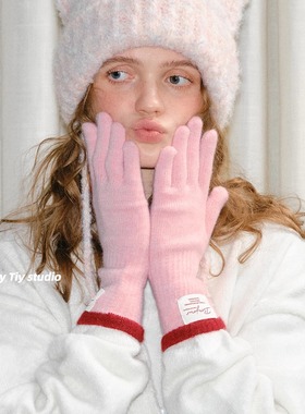 feytiy 含羊毛 撞色边柔软触感针织保暖手套女分指可触屏秋冬韩版