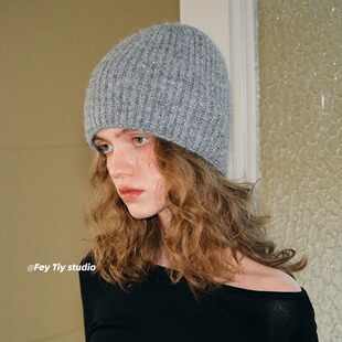 feytiy 纯色保暖百搭包头帽 玫瑰花暗闪亮片针织毛线帽女秋冬新款