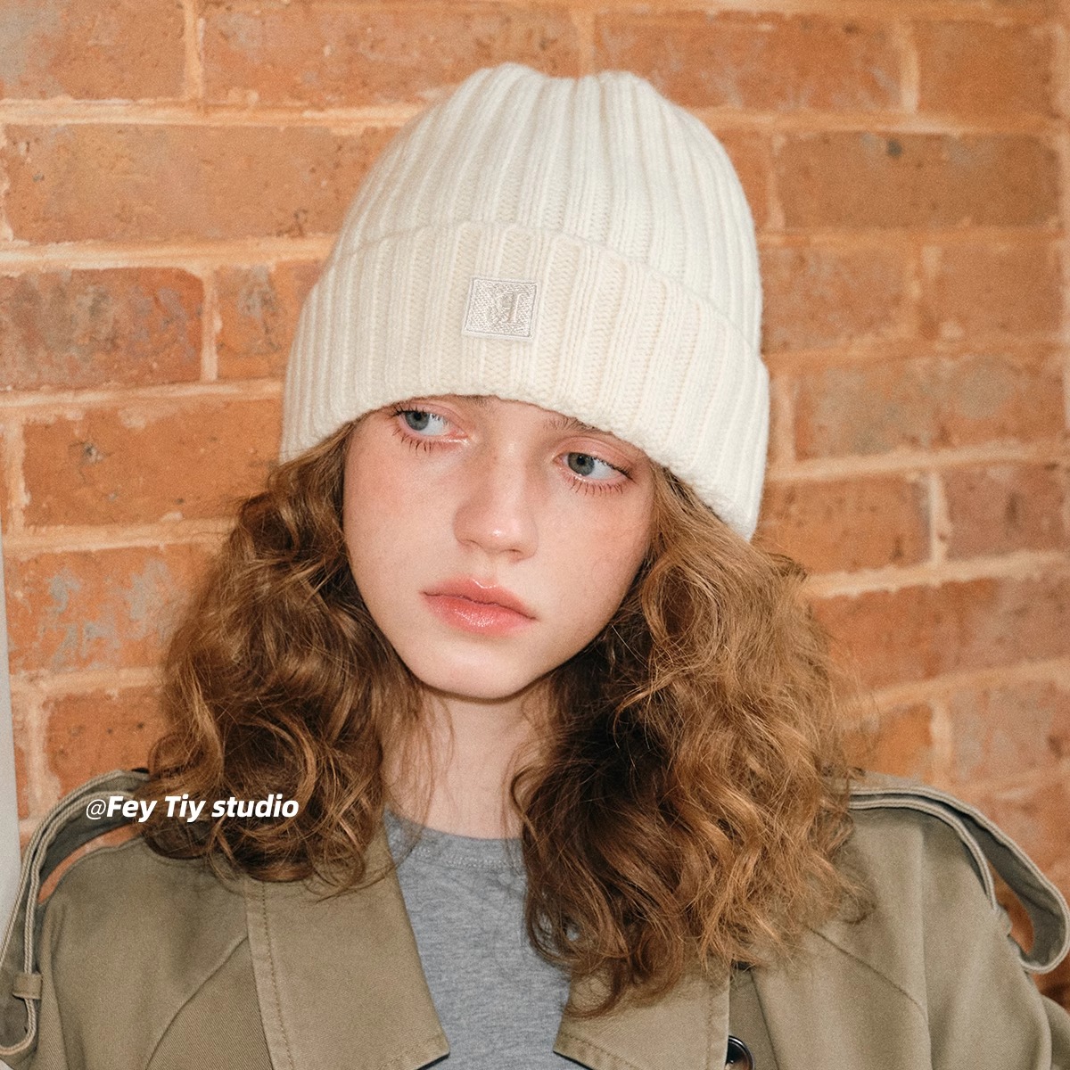 100%纯羊毛坑条纯色毛线帽保暖