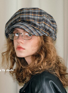 feytiy 格子报童帽秋冬时髦复古云朵蓓蕾帽 2025新款日系八角帽女