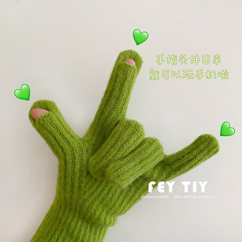 韩版ins毛线针织保暖五指手套女