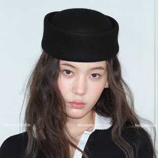 feytiy 法式复古时髦纯羊毛药盒帽女 秋冬时尚百搭黑色毛呢帽礼帽