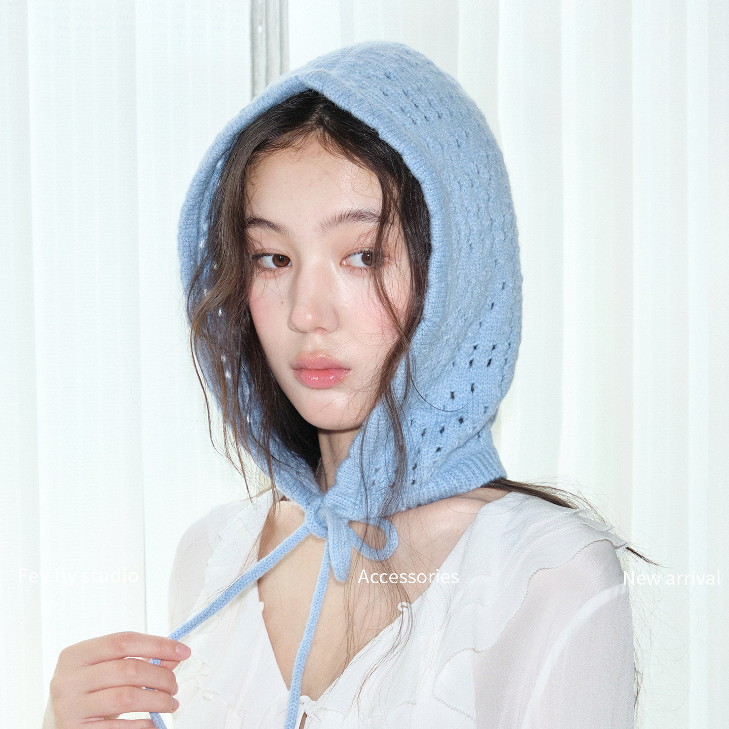 feytiy 早秋搭配 含羊毛镂空拉法针织帽蓝色百搭套头帽文艺风少女