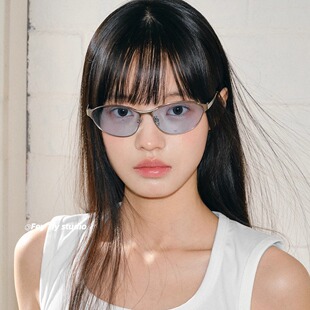 feytiy 时髦Y2K复古猫眼框墨镜女方圆脸防晒太阳眼镜 蓝色中古感