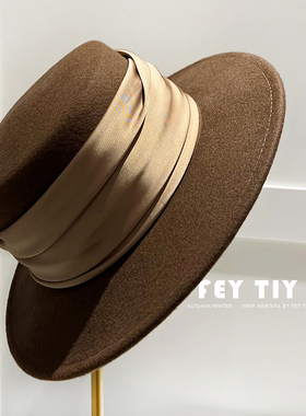 法式秋冬平顶纯羊毛礼帽女英伦大头围百搭复古白色羊毛呢帽子驼色