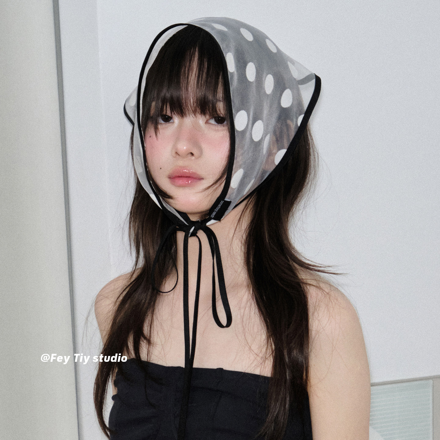 feytiy 甜酷girl 波点头巾系带三角巾女春夏季装饰欧根纱包头头巾
