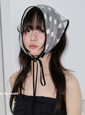 feytiy 甜酷girl 波点头巾系带三角巾女春夏季装饰欧根纱包头头巾