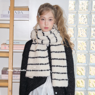 简约百搭围脖披肩男女 加厚保暖针织围巾秋冬季 feytiy 条纹与毛绒