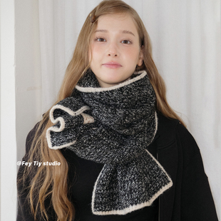 feytiy 边框设计软糯针织围巾冬保暖百搭围脖披肩 小香风羊毛混纺