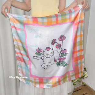 百搭装 原创手绘清新格子丝巾头巾春夏新款 饰方巾 猫咪小花 feytiy