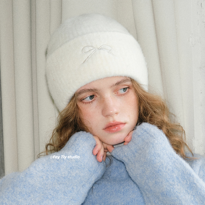 蝴蝶结刺绣针织包头帽女秋冬保暖