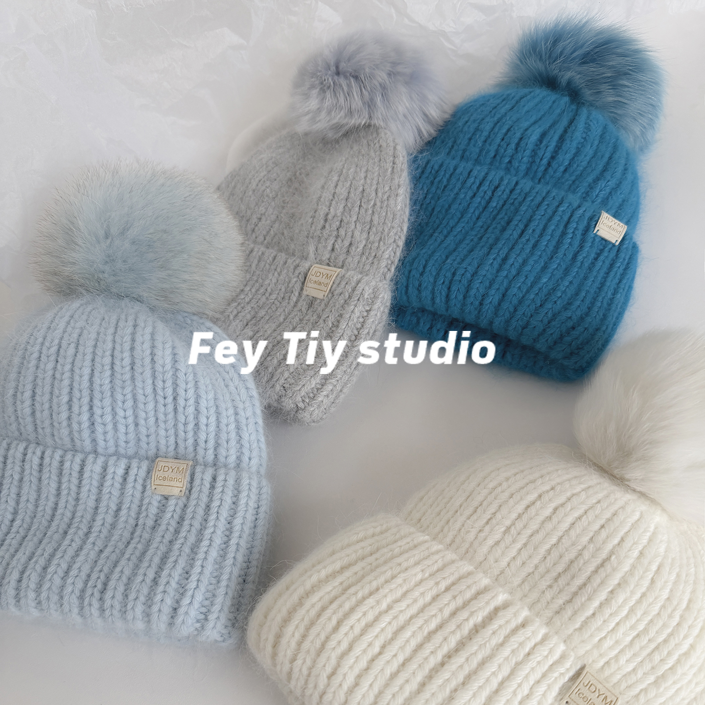 feytiy 定制 狐狸毛球球针织包头帽冬季保暖百搭护耳显脸小毛线帽