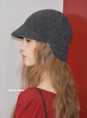 feytiy 100%羊毛 时髦复古 前后两戴双帽檐针织帽女秋冬保暖百搭