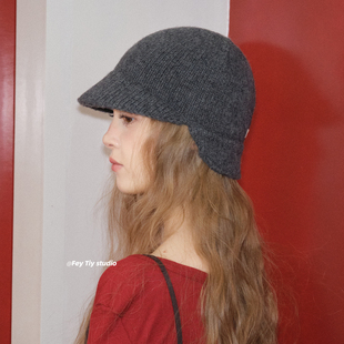 前后两戴双帽檐针织帽女秋冬保暖百搭 时髦复古 feytiy 100%羊毛