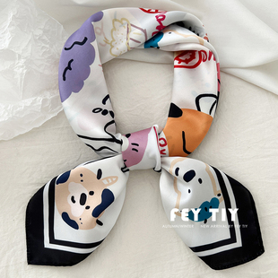 趣味原创卡通小丝巾春夏韩版装饰领巾仿真丝小方巾包头多功能男女