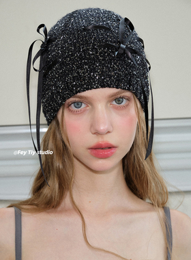 feytiy 手工绑带蝴蝶结亮片包头帽bling珠片针织帽辣妹百搭冷帽韩