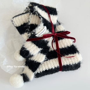 加厚毛绒围脖女 球球拉毛条纹氛围感针织围巾冬季 feytiy 圣诞限定