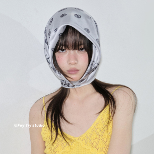 仿真丝时髦头巾装 26春夏季 饰 银色金属感腰果花方巾丝巾女 feytiy