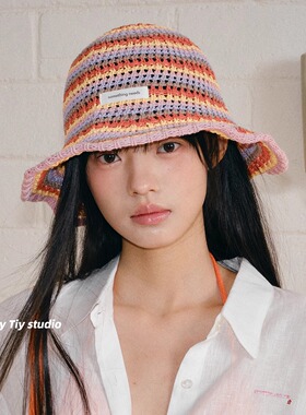 feytiy 夏季热带海岛 编织防晒渔夫帽可折叠显脸小镂空遮阳盆帽韩