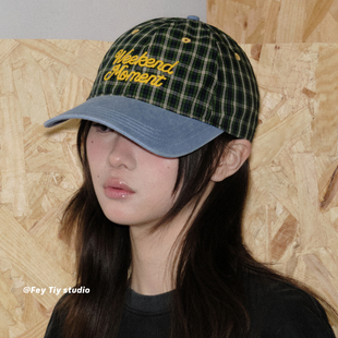 feytiy 春夏百搭鸭舌帽女显脸小百搭遮阳帽潮 复古撞色格子棒球帽