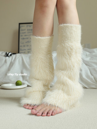 定制毛茸茸堆堆袜套少女风Y2K辣妹喇叭型小腿套米色针织保暖秋冬