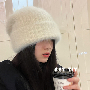 毛茸茸的兔毛帽子大头围毛线帽女秋冬保暖粗线针织帽白色冷帽帽子