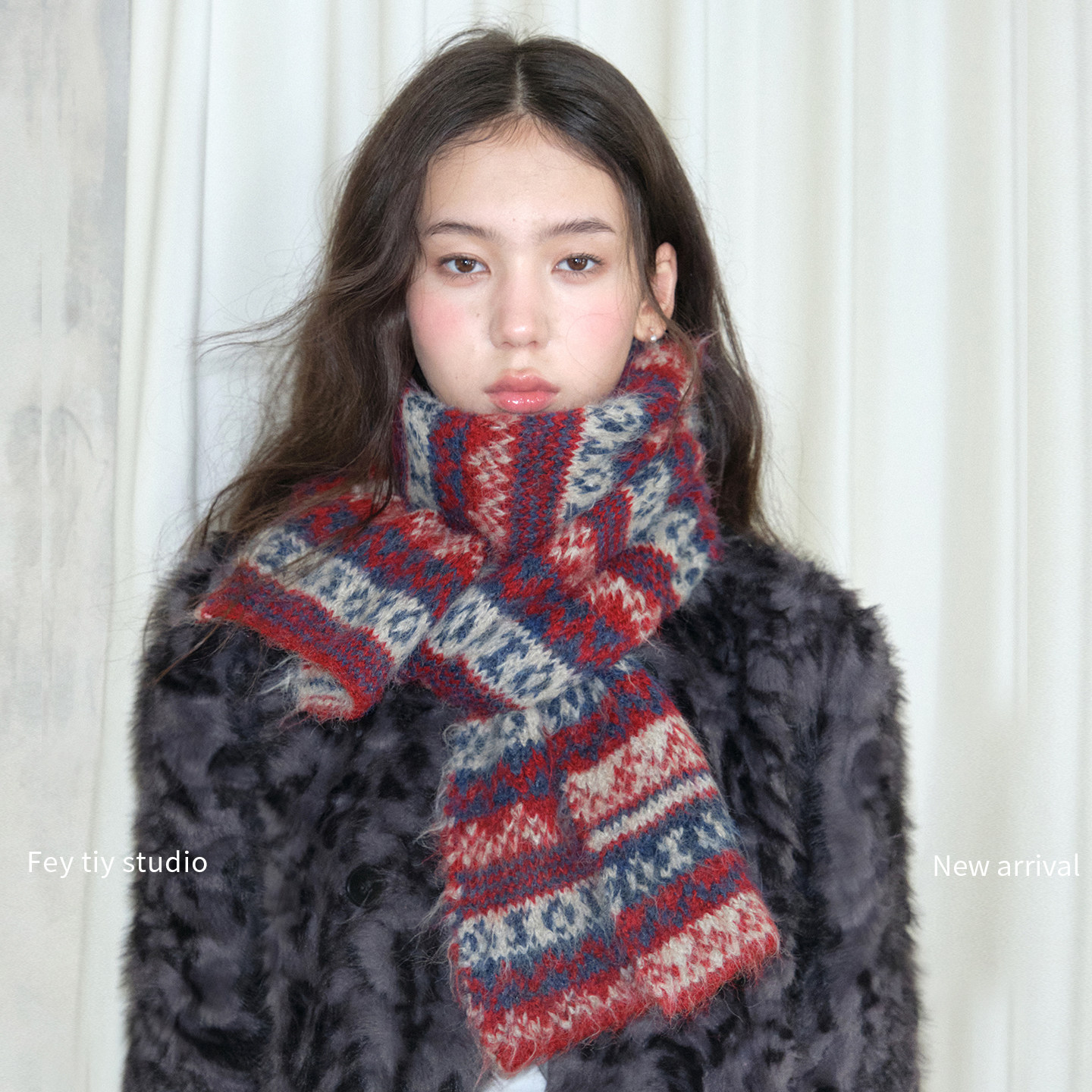 feytiy 秋冬费尔岛风羊毛混纺围巾 复古时髦条拼色针织保暖围脖女