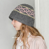feytiy 菱形格毛线渔夫帽 显脸小素颜针织帽大头围盆帽女秋冬百搭