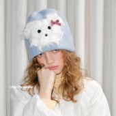 feytiy 可爱腮红小狗毛绒毛线帽子女秋冬保暖百搭针织帽子大头围