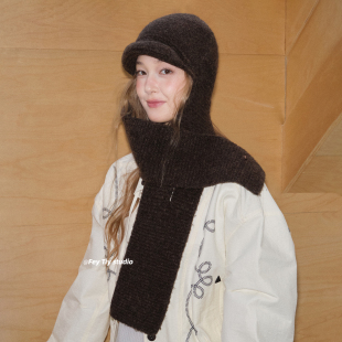 feytiy 古早感时髦拉法帽带檐针织帽秋冬连帽围巾保暖百搭 含羊毛