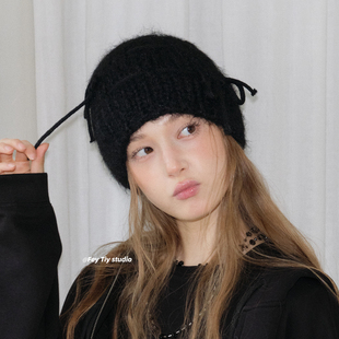 feytiy 秋冬保暖毛线包头帽甜酷冷帽女 蝴蝶结系带针织帽