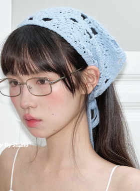 feytiy 奶味blue蓝 古早味少女系带头巾 春夏新款针织三角巾度假