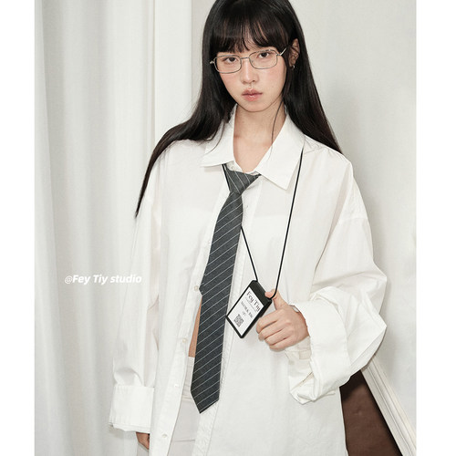 时髦办公室风免打结条纹拉链领带