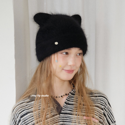 甜酷猫耳冬季保暖兔毛针织帽