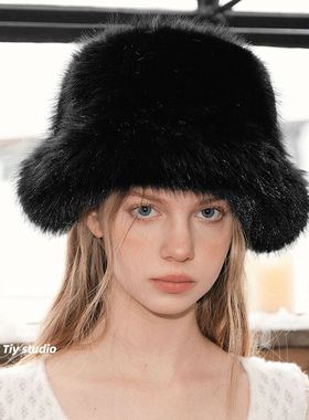 FeyTiy 高定毛毛 时髦气质渔夫帽女冬季保暖长毛帽毛绒仿皮草盆帽