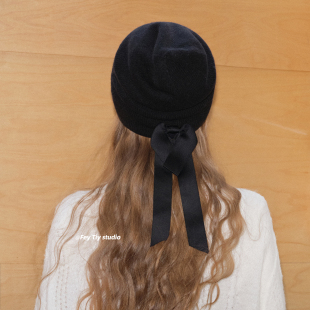 针织蝴蝶结堆堆帽女秋冬保暖帽 小香风25新款 feytiy 100%澳洲羊毛