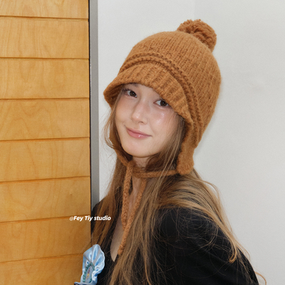 古早感毛球帽子针织护耳帽冬季